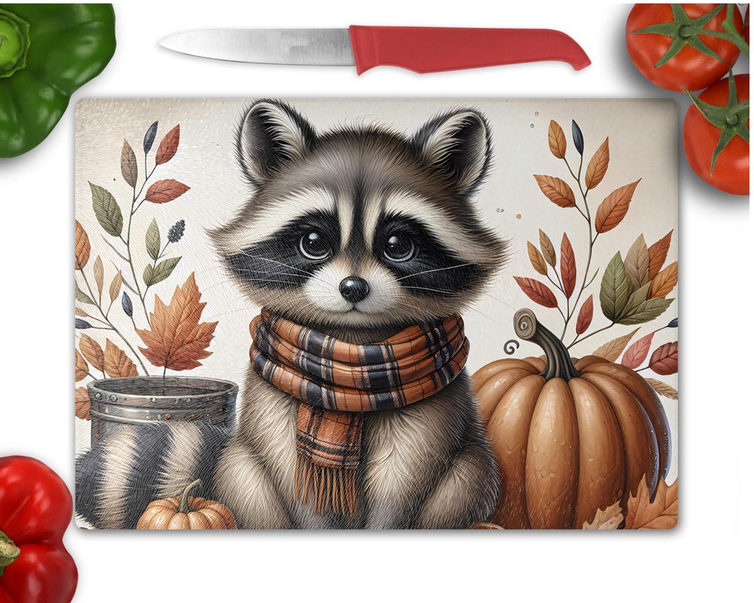 Fall Racoon Decor Fall Raccoon Tempered Glass Cutting Board: Heat-resistant Kitchen Decor ...