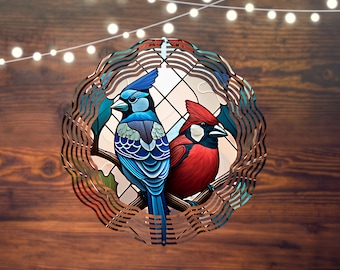 Stained Glass Design Cardinal and Blue Jay Wind Spinner