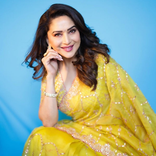 Madhuri dixit yellow color saree free shipping party wear sari festive bollywood summer saree