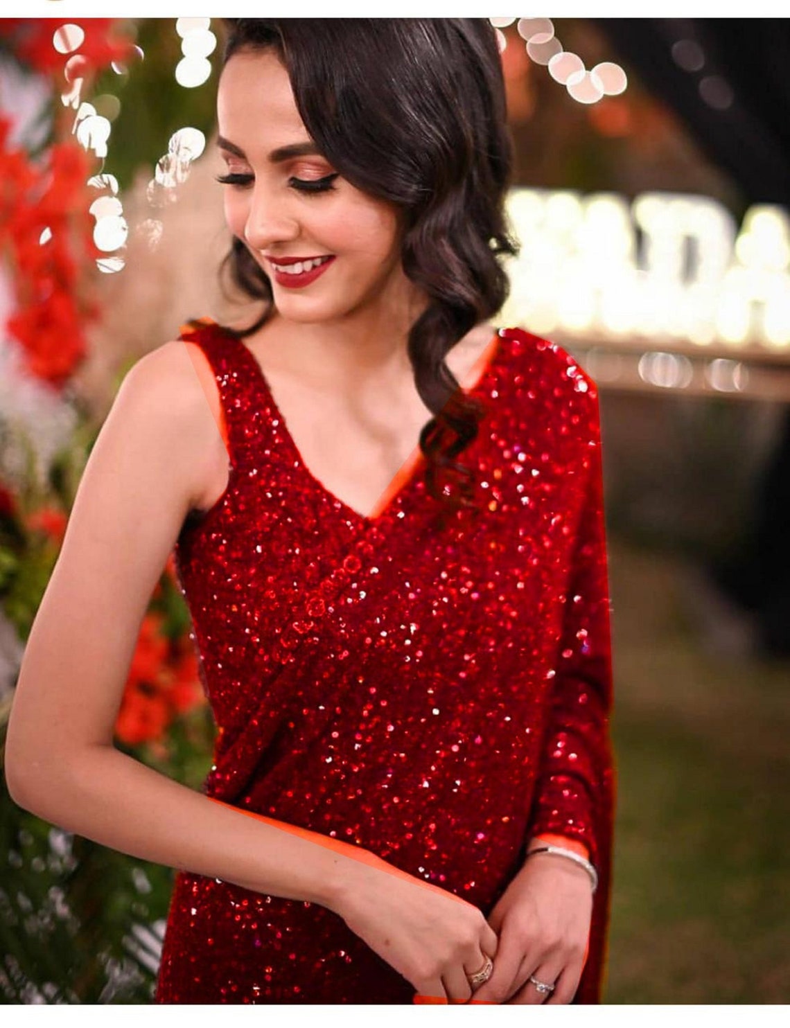 Red Color Sequence Saree Sequins Sari Usa Uk Party Wear Etsy