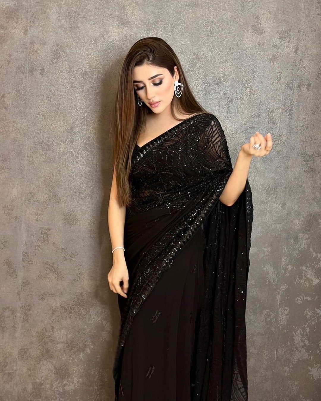 Black Shimmer Sequence Saree Sequins Sari Usa Uk Party Wear - Etsy