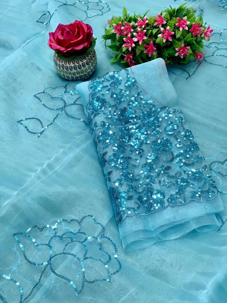saree for women with stitched blouse free shipping sequence organza designer saree from usa indian dresses ethnic casual partywear saree