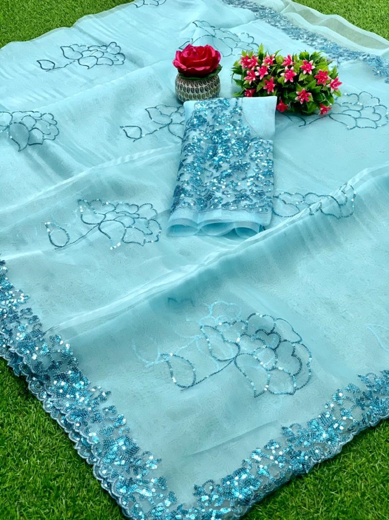 saree for women with stitched blouse free shipping sequence organza designer saree from usa indian dresses ethnic casual partywear saree