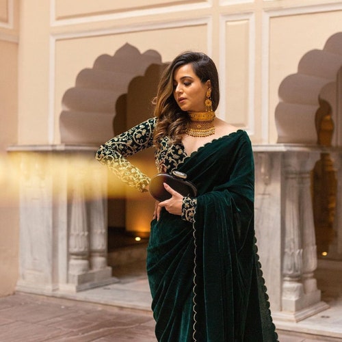 Saree With Blouse Emerald Green Velvet Party Wear Sari - Etsy