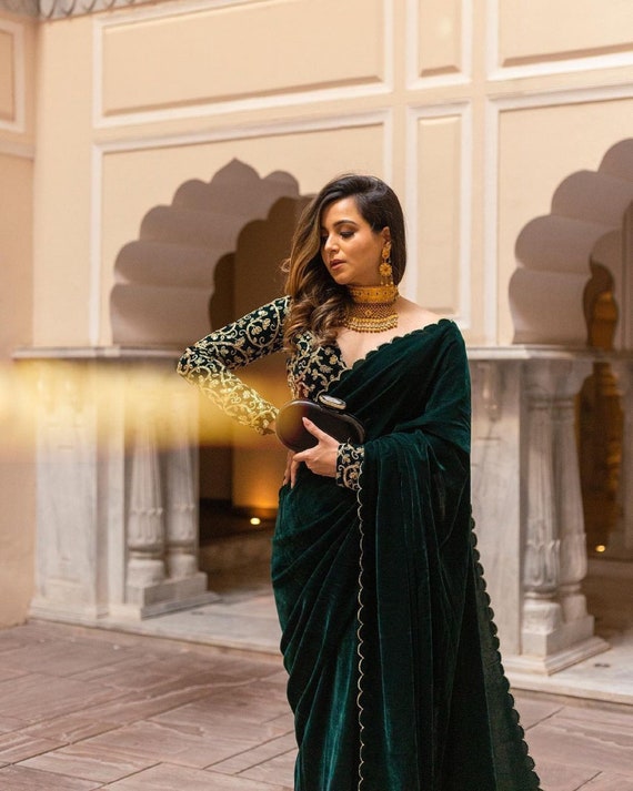 Saree With Blouse Emerald Green Velvet 