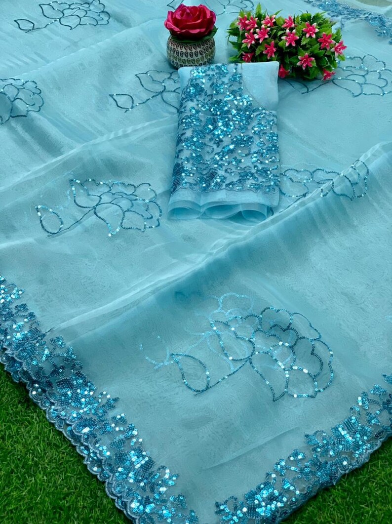 saree for women with stitched blouse free shipping sequence organza designer saree from usa indian dresses ethnic casual partywear saree