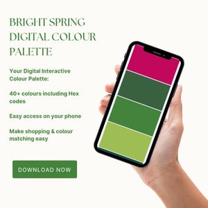 Peut inclure: Un smartphone affiche une palette de couleurs numériques sur le thème du printemps. L'écran présente des blocs de couleurs horizontaux en rose, vert et vert-jaune. Le texte à l'écran indique "Bright Spring Digital Colour Palette". Le téléphone est tenu dans une main.