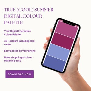 Può includere: Uno smartphone mostra una palette di colori digitale con sfumature di rosa e blu. Lo schermo mostra una palette di colori True Summer, con oltre 40 colori e codici esadecimali. Il testo dice: "Rendi facile lo shopping e l'abbinamento dei colori."