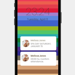 Puede incluir: Un teléfono inteligente muestra un fondo de pantalla de arcoíris con la hora 23:24 y la fecha martes 11 de abril. Se ven dos notificaciones: un día de spa el 15 de enero y una cita a las 09:00.