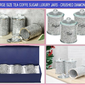 Set of 3 Crushed Diamond Silver Crystal TEA COFFEE SUGAR set