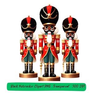 May include: Three decorative black nutcracker figures. Each figure wears a red coat with gold trim, a black hat with a gold star, and black boots. The nutcrackers stand on gold-colored bases. The image includes the text "Black Nutcracker Clipart PNG -Transparent 300 DPI".