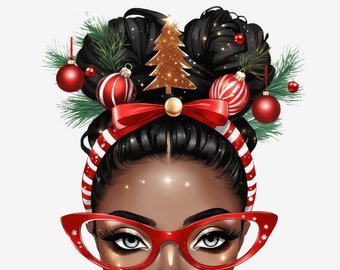 Messy Bun PNG Black Girl, Christmas Afro Messy Bun PNG Clipart, Black Woman Christmas Clipart