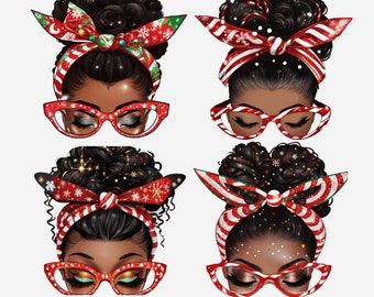 Christmas Afro Messy Bun PNG Clipart, Black Girl Illustration (Digital Download)
