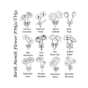 Birth Month Flower PNG SVG Clipart -Birth Flower Line Art PNG Gift for Her