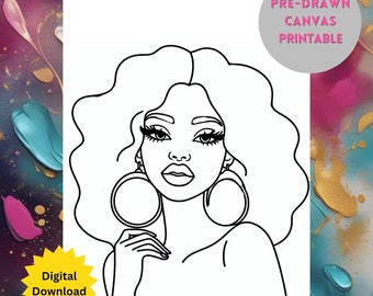 Pre-Drawn Woman Canvas, DIY Sip and Paint Party (Digital Download)