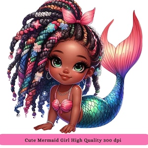 Black Baby Mermaid Girl Clipart: Birthday Invitation Design (PNG Digital Download)