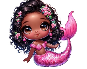 Black Baby Mermaid Girl PNG Clipart - Black Baby Shower 1st Birthday Png Clipart for Invitations Sublimation Design