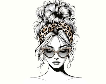 Messy Bun Girl with Glasses PNG SVG Clipart (Digital Download)