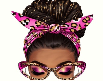 Ragazza nera con chignon afro disordinato e occhiali leopardati (download digitale)