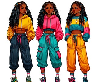 Imágenes prediseñadas de chica con rastas, imágenes prediseñadas de chica afro, imágenes prediseñadas de chica de moda callejera, imágenes prediseñadas de chica negra PNG, diseños DTF de sublimación