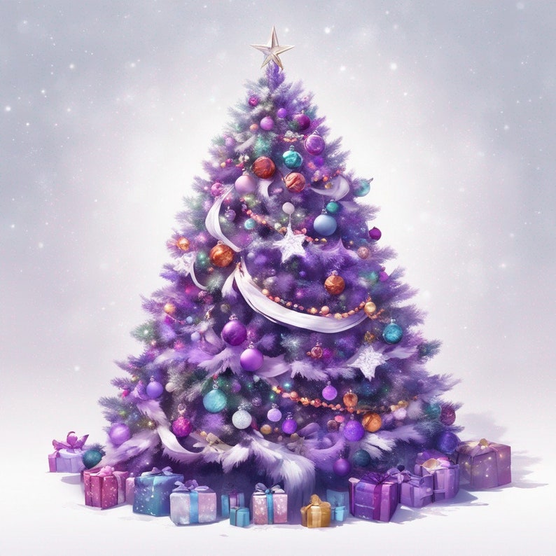 Purple Christmas Tree Clipart PNG, Christmas Decoration Clip Art Set