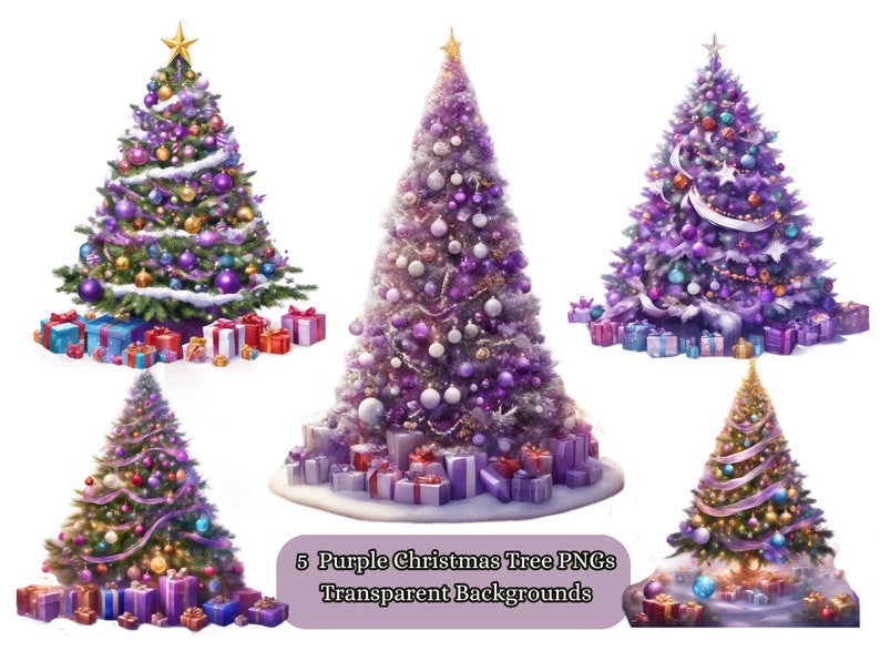 Purple Christmas Tree Clipart PNG, Christmas Decoration Clip Art Set