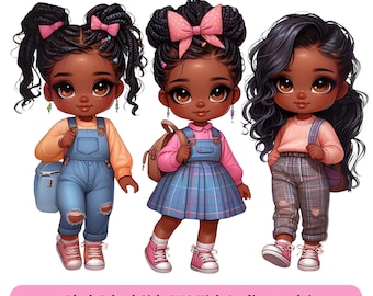May include: Three cartoon illustrations of Black school girls with pink bows in their hair. The girls are wearing different outfits, including a blue denim overall dress, a pink and blue plaid dress, and a pink sweater with plaid pants. Each girl is carrying a backpack.