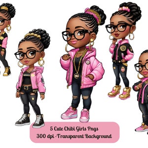 Chica Chibi Negra PNG: Estilo Denim, Diseño de Sublimación (Descarga Digital)