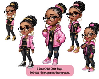 Denim Black Girl Clip Art PNG, Black Chibi Doll Clipart PNG dtf Sublimation Design