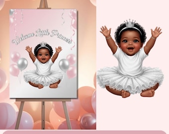 Black Baby Girl Princess PNG Welcome Sign - Black Baby 1st Birthday Party Png Clipart, Baby Shower Sublimation DTF Design