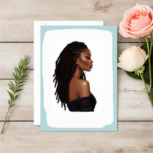 Puede incluir: Una ilustraci&oacute;n digital de una mujer con largas rastas marrones oscuras, vistiendo un top negro de hombros descubiertos y grandes aros de oro. El fondo es blanco.
