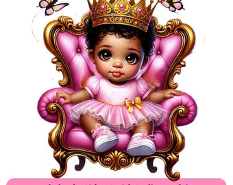 Black Baby Girl Princess PNG Clipart - Black Baby 1st Birthday Party Png Clipart, Baby Sublimation DTF Designs