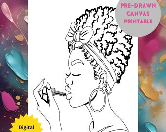 Lienzo prediseñado, Fiesta de pintura y vino, Mujer con lápiz labial (Descarga digital)