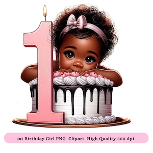 1歳の誕生日の黒人の女の子のPNGクリップアート - アフロガールボーイの誕生日のPNGクリップアート、赤ちゃんの誕生日昇華DTFデザイン