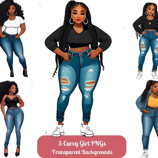 Denim Curvy Black Girl Clip Art PNG Set for Wall Art Decor, T Shirt Designs, Sublimation and DIY Projects