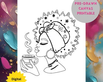 Pre-Drawn Canvas, Sip and Paint Party, Woman with Coffee (Digital Download)