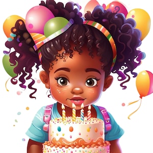 First Birthday Black Baby Girl PNG Clip Art for Wall Art Decor, Birthday Party Invitations, Sublimation and DIY Projects