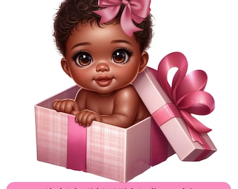 May include: A digital illustration of a Black baby girl with brown hair wearing a pink bow, sitting inside a pink and white gift box with a pink bow.