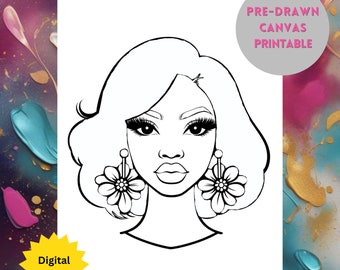 Pre-Drawn Woman Canvas, Sip and Paint Party Template (Digital Download)