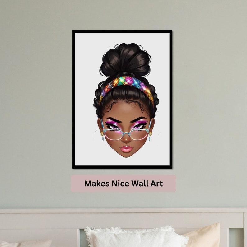 May include: A digital illustration of a woman with dark brown skin, wearing a colourful headband and blue-rimmed glasses. Her hair is styled in a high bun. The background is white.