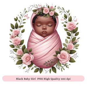 眠っている黒人の新生児の女の子 PNG クリップアート - 黒人のベビーシャワー PNG クリップアート、アフリカ系アメリカ人の赤ちゃんの昇華 DTF デザイン