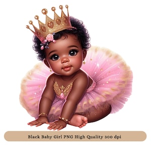 黒人の女の子のプリンセス PNG クリップアート - 黒人の赤ちゃんの 1 歳の誕生日パーティーの PNG クリップアート、赤ちゃんの昇華 DTF デザイン