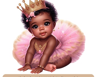 Black Baby Girl Princess PNG Clipart - Black Baby 1st Birthday Party Png Clipart, Baby Sublimation DTF Designs