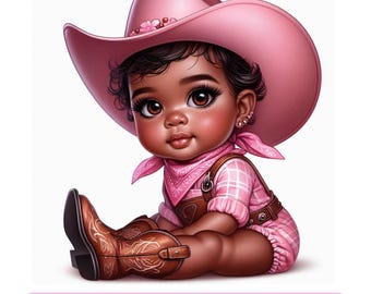 Black Baby Cowgirl PNG Clipart: Western Baby Shower Image (Digital Download)