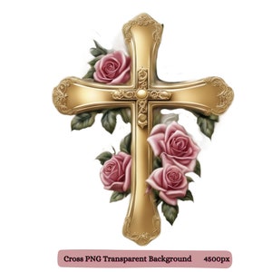 Gold Faith Cross with Flowers and Butterflies PNG Clipart, Floral Cross Clip Art, Christian Clipart