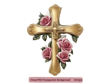 Floral Gold Cross PNG Clipart, Christian Art (Digital Download)