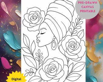 Sip and Paint Black Girl Flowers PNG, DIY Paint Party Printable