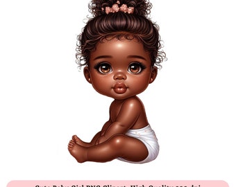 May include: A digital illustration of a cute baby girl with brown skin, brown curly hair, and big brown eyes. She is wearing a white diaper and a pink flower headband. The background is white.