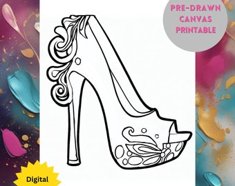 Lienzo prediseñado para zapatos de tacón alto, ideal para pintar y disfrutar de una copa (descarga digital).