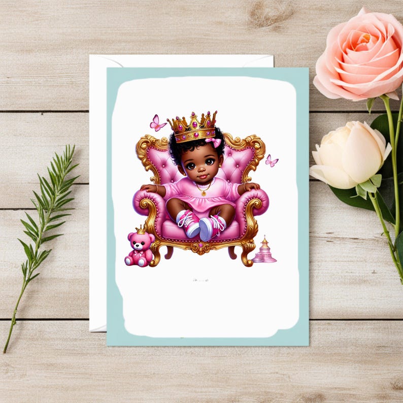 May include: A pink and gold throne with a crown-wearing baby girl sitting on it. The baby is wearing a pink dress and has brown skin. There is a pink teddy bear and a small pink castle in the background.